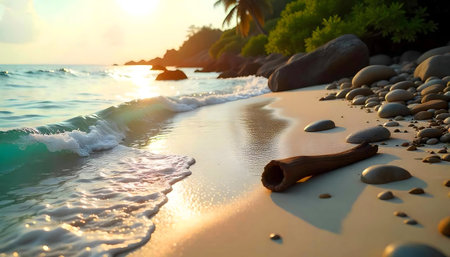 A tranquil sunset scene on a pristine beach. Gentle waves caress the golden sand, as the sun casts a warm glow.の写真素材