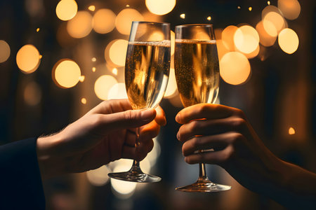 Two hands clinking champagne glasses, a vibrant celebration in the background.の写真素材