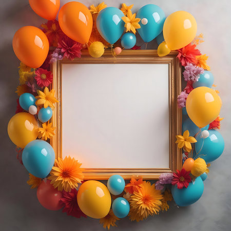 A golden frame surrounded by colorful balloons and flowers.の写真素材