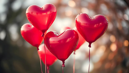 Four heart-shaped balloons in vibrant red fill the frame. A romantic and joyful image.の写真素材