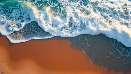 Stunning aerial view of waves breaking on a sandy beach. The contrast between blue water and orange sand is captivating.の写真素材