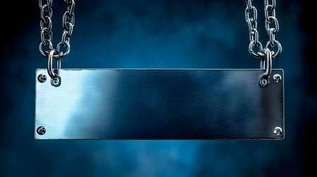 A blank metal sign hangs from chains. Perfect for your messageの写真素材