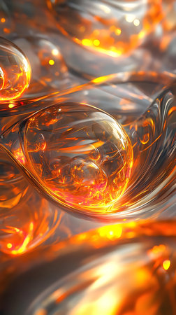 Abstract artwork of glowing orange liquid with spheresの写真素材