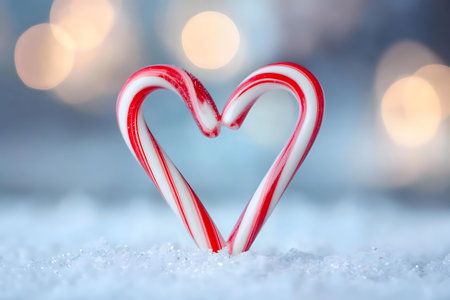 A candy cane shaped as a heart rests on snow, a festive scene.の写真素材