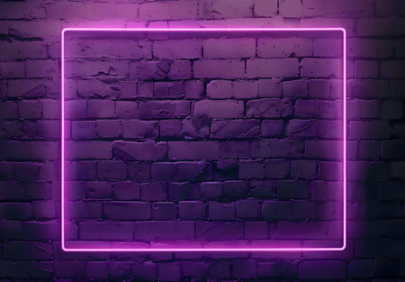 Purple neon light frame against a dark brick wall. Glowing, vibrant, and modern.の写真素材