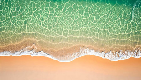 Stunning aerial shot of turquoise ocean waves gently breaking on a soft, sandy beach. The scene evokes serenity and summer vibes.の写真素材