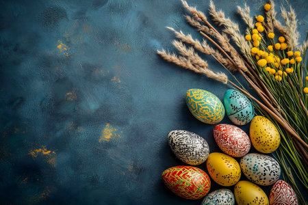 Vibrant painted Easter eggs and yellow flowers arranged on a textured blue background. Perfect for...