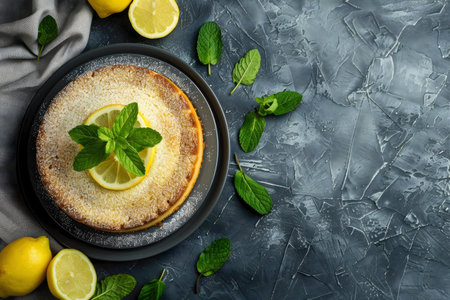 A delightful lemon cake, adorned with fresh mint, sits on a dark plate. Lemons and mint leaves are scattered around.の写真素材