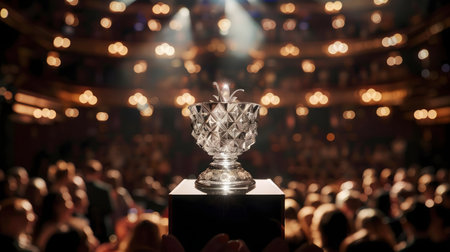 A sparkling crystal pineapple award sits center stage before a blurred audienceの写真素材