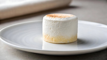 A single serving of delicate white mousse cake sits on a white plate. The cake has a light brown topping.の写真素材