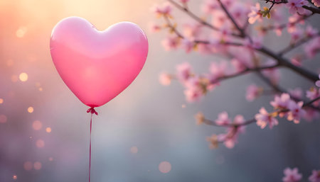 A pink heart-shaped balloon floats gently near a blossoming tree. A romantic spring scene.の写真素材
