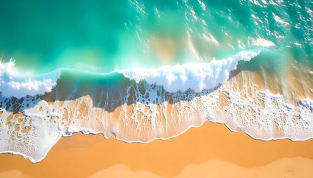 Stunning aerial shot of turquoise ocean waves breaking on a golden sandy beach. Pure serenity.の写真素材