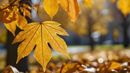 Single golden leaf close-up, autumnal scene.