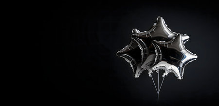 Three black star-shaped balloons against a dark background.の写真素材