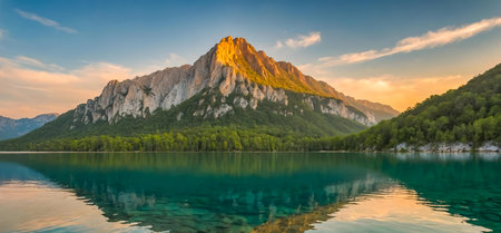 Stunning sunset over a serene mountain lake, reflecting the majestic peaks.