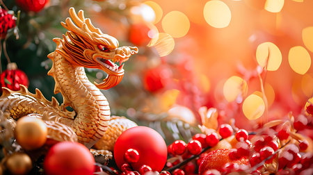 A golden dragon figurine nestled among red ornaments and lights. Festive and mystical.の写真素材