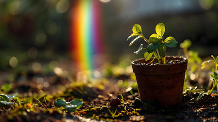 A young plant in a terracotta pot, bathed in the warm light of sunrise, with a rainbow in the background. Symbol of new beginnings.の写真素材