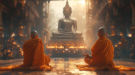 Two monks meditate before a large Buddha statue in a serene temple setting.の写真素材