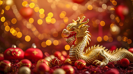 A golden dragon figurine sits among red and gold Christmas ornaments, bathed in warm, festive lights. It symbolizes Chinese New Year.の写真素材