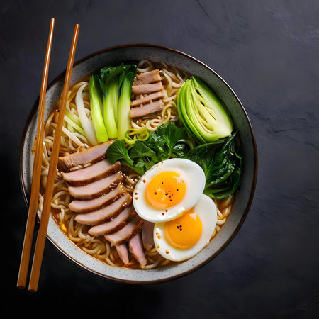 A vibrant bowl of ramen with sliced duck, soft-boiled eggs, and bok choy.の写真素材