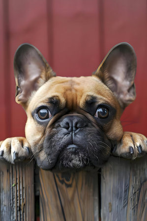 A charming fawn French Bulldog stares over a rustic wooden fence, set against a vibrant red backdrop.の写真素材