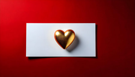 A golden heart rests on a white card against a red background. A minimalist Valentine's Day design.の写真素材