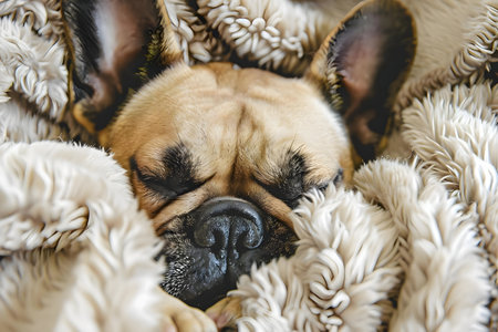 A Bulldog snuggled in a fluffy blanket, sleeping peacefully.の写真素材