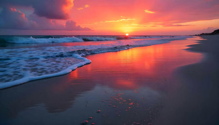 Stunning sunset colors reflected on a tranquil beach.の写真素材