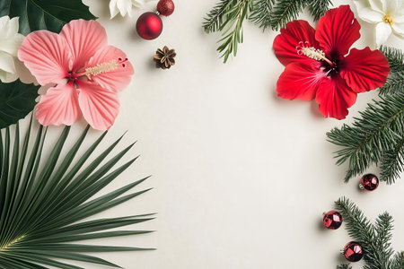 A vibrant Christmas arrangement featuring hibiscus flowers, pine branches, and festive ornaments. A tropical twist on holiday decor.の写真素材