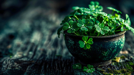 Dew-kissed shamrocks in an antique pot, dark and mystical, celebrate St. Patrick's Day.の写真素材