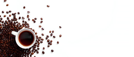 Aromatic coffee beans scattered around a cup of freshly brewed coffee.の写真素材