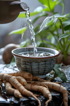 Water pours into a bowl near roots, creating a serene tea ceremony scene.の写真素材
