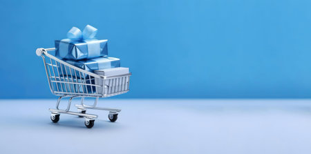 A miniature shopping cart filled with blue gifts against a blue background. Concept for online shopping.の写真素材