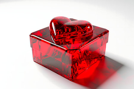 Red glass gift box with a heart-shaped lid. Perfect for Valentine's Dayの写真素材