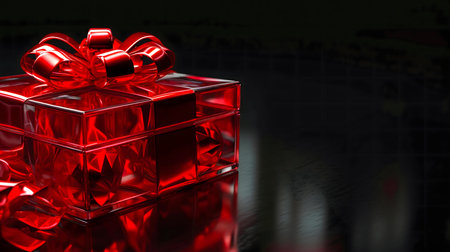 A luxurious red gift box with a shiny ribbon bow sits on a dark surface.の写真素材