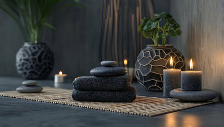 A peaceful spa scene with dark gray stones, lit candles, and soft towels.の写真素材