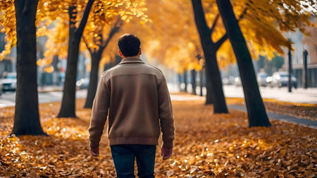 A man walks alone on a leaf-covered path in autumn. Golden leaves surround him, creating a serene atmosphere.の写真素材