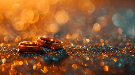 Two golden wedding rings rest on a sparkling surface, symbolizing love and commitment.の写真素材