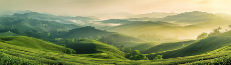 Sunrise paints the rolling green hills with a golden glow.の写真素材