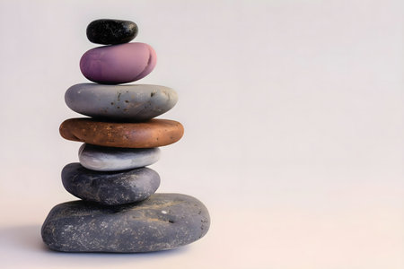 A carefully balanced stack of stones against a white background. Symbolizing peace and stability.の写真素材