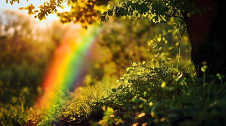 A breathtaking sunset paints a vibrant rainbow through a lush green forest. Nature's beauty shines!の写真素材
