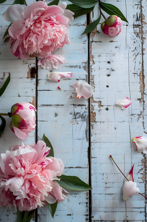 Pink peonies on a rustic wooden surface. Beautiful floral arrangementの写真素材