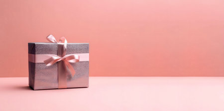 A single silver gift box with a pink ribbon sits on a soft pink background. Perfect for any festive occasion.の写真素材