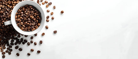A white cup filled with roasted coffee beans, scattered beans around it on a white background.の写真素材