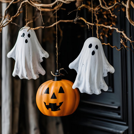 Three ghosts and a carved pumpkin hanging from branches. Spooky Halloween decoration.の写真素材