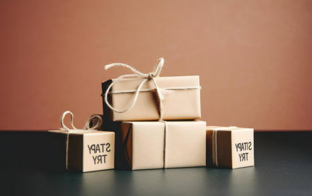 A charming arrangement of small gift boxes. Rustic, and neatly presented.の写真素材