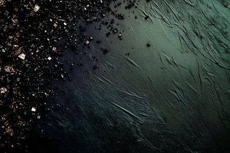 Abstract image of dark textured background with scattered black and gold glitter.