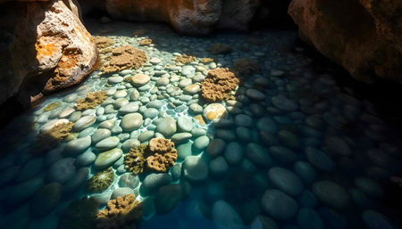 Sunlight illuminates smooth pebbles in a hidden coastal cave. Serenity.の写真素材