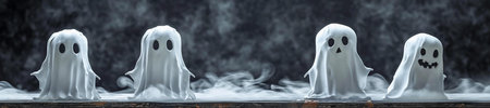 Four ghostly figures emerge from the smoke, creating a spooky Halloween scene. The dark background enhances the eerie vibe.の写真素材