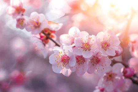 Close-up of delicate pink blossoms bathed in soft sunlight. Springtime serenity.の写真素材